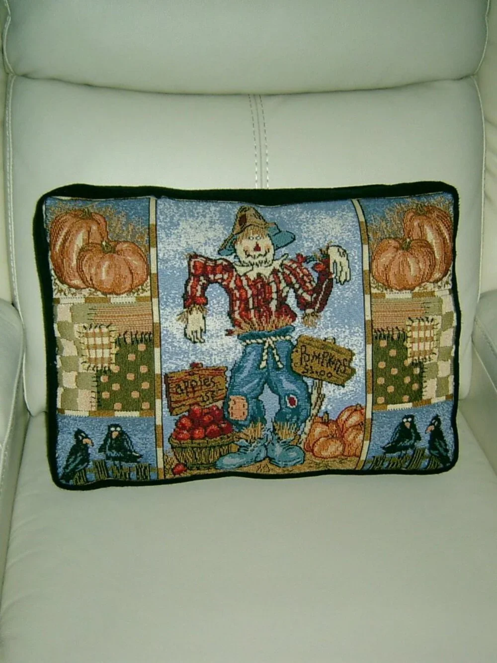 Vintage Fall Scarecrow w/ Pumpkins Apples & Black Birds Tapestry Pillow